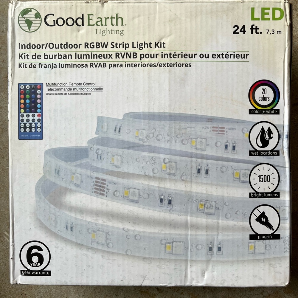 Good Earth LED indoor/outdoor RGBW strip light kit, 24’, brand new